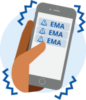 Hand holding a vibrating phone with three message notifications that read 'EMA'